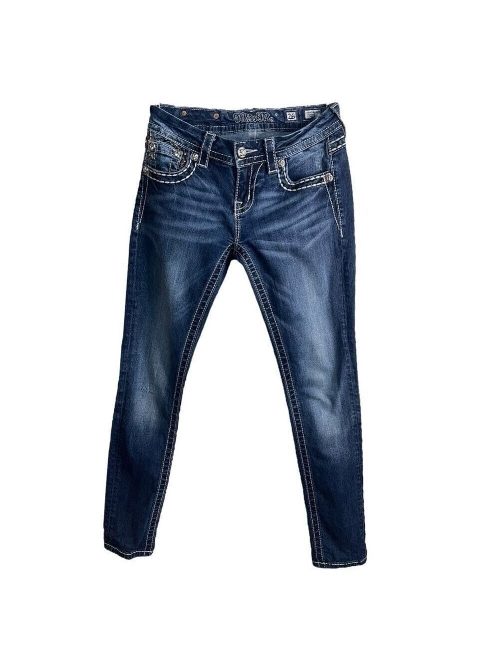 Miss Me Women's Low Rise Denim Jean's Size 26 (2) Med Wash Loose Saddle Stitch